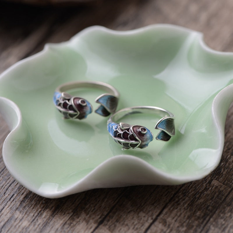 S925 Silver Retro Classical Roasted Blue Carp Koi Ring