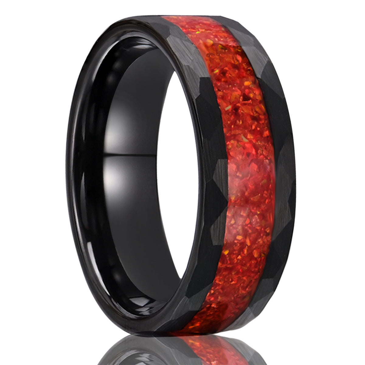 Electric Black Tungsten Steel Inlaid Red Opal Ring