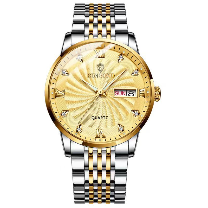Fashion Quartz Watch Steel Belt Double Calendar Men's Watch Waterproof