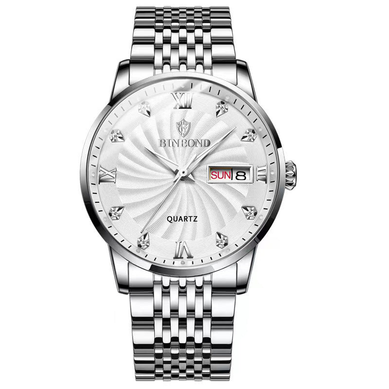 Fashion Quartz Watch Steel Belt Double Calendar Men's Watch Waterproof