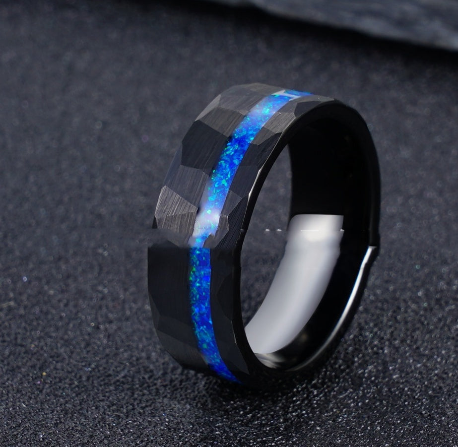 Electric Black 8mm Hammer Pattern Tungsten Ring Inlaid Blue Opal