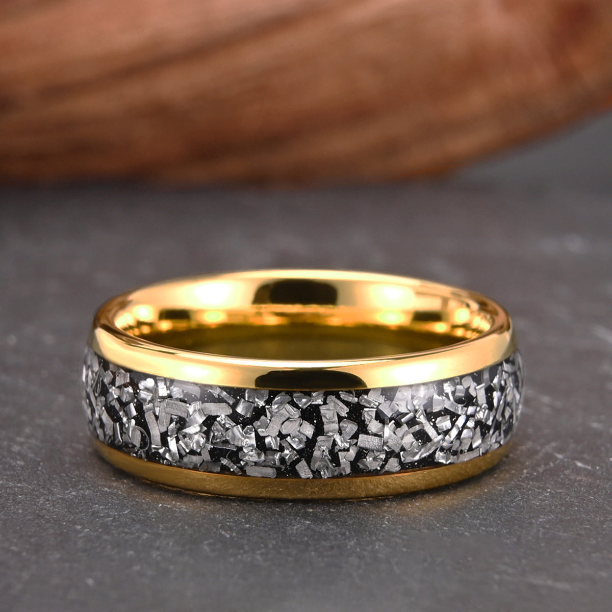 Gold Tungsten Steel Inlaid Meteorite Block Ring