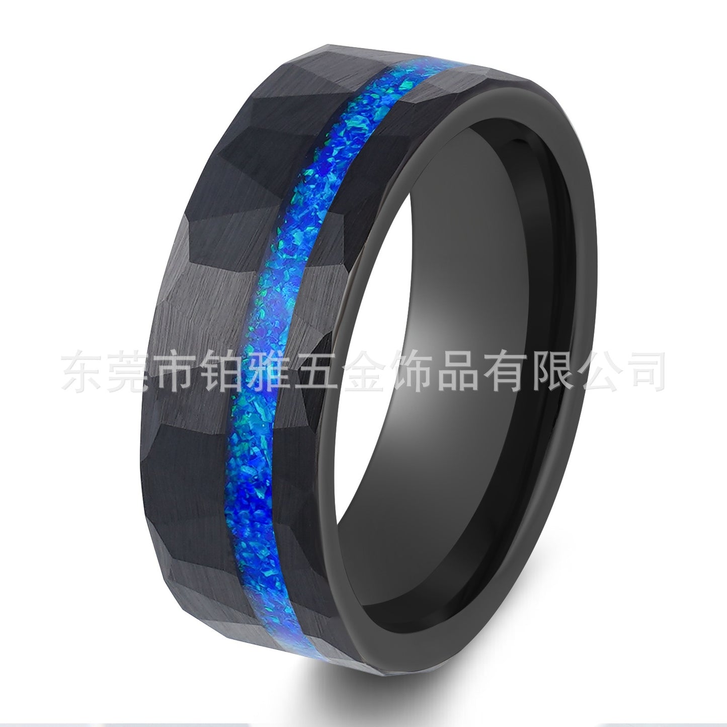 Electric Black 8mm Hammer Pattern Tungsten Ring Inlaid Blue Opal