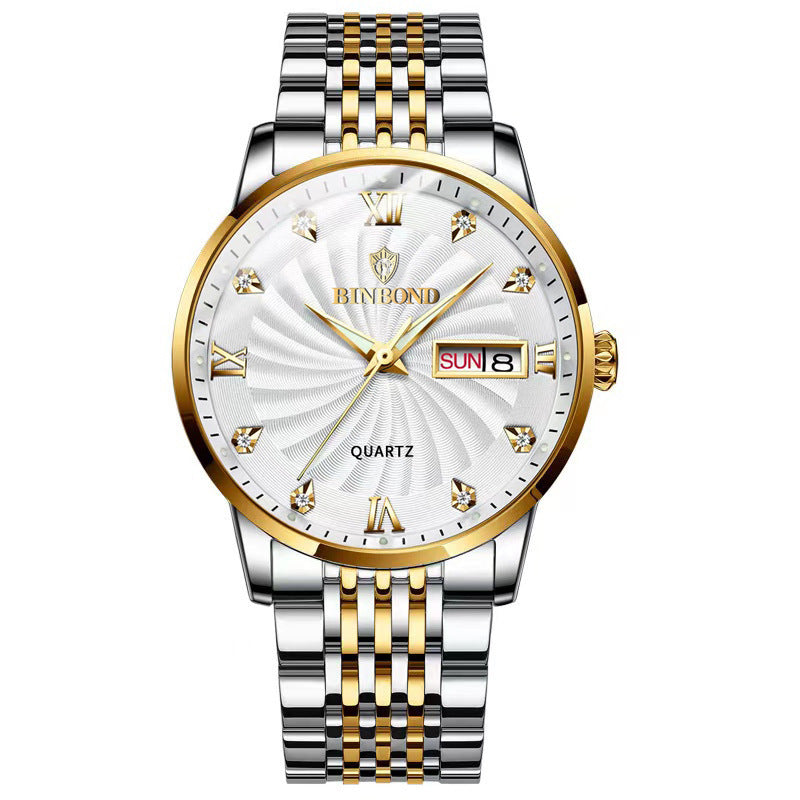 Fashion Quartz Watch Steel Belt Double Calendar Men's Watch Waterproof