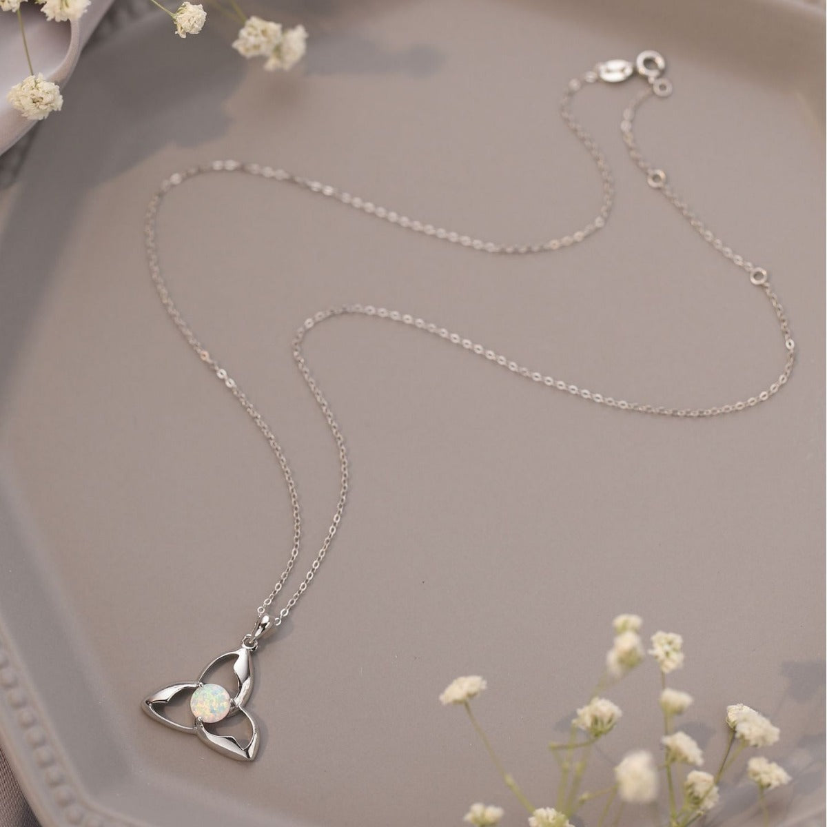 925 Silver Pendant White Round Opal Necklace
