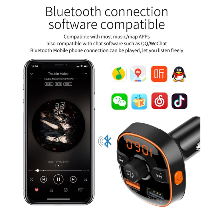 BC52 QC3.0 Fast Charging Car Colorful Atmosphere Light Bluetooth MP3 Player FM Transmitter, BC52