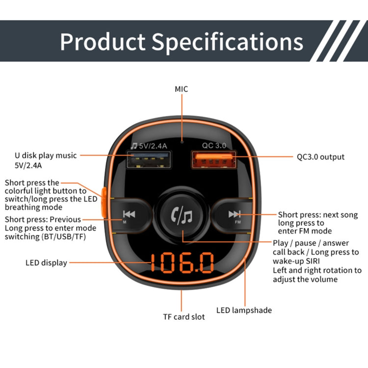 BC52 QC3.0 Fast Charging Car Colorful Atmosphere Light Bluetooth MP3 Player FM Transmitter, BC52