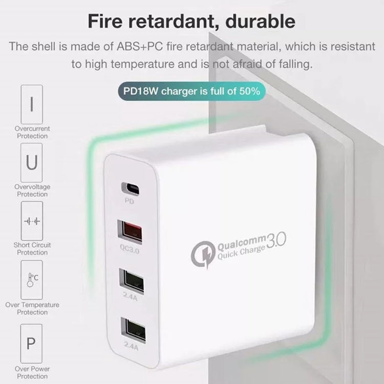 A3 PD 18W USB-C / Type-C + QC3.0 USB + Dual USB Interface Travel Charger, US Plug, EU Plug, UK Plug