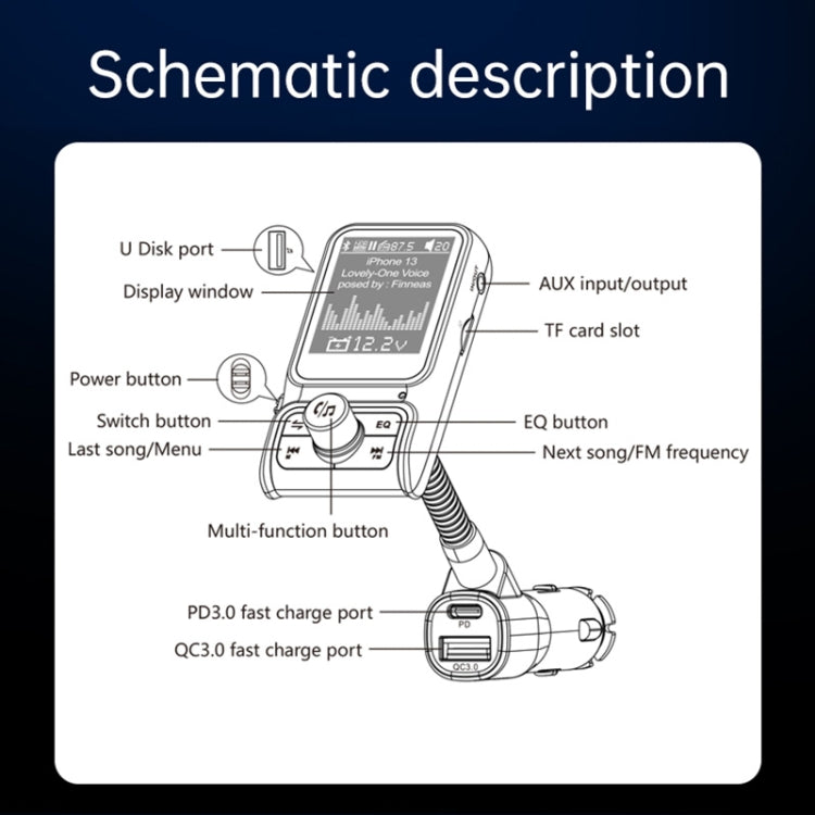 BC85 Colorful Screen Car Bluetooth 5.0 FM Transmitter MP3 Player, BC85