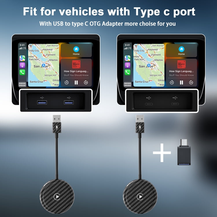 Carbon Fiber USB + USB-C / Type-C Wired to Wireless Carplay Adapter for iPhone, 020-5