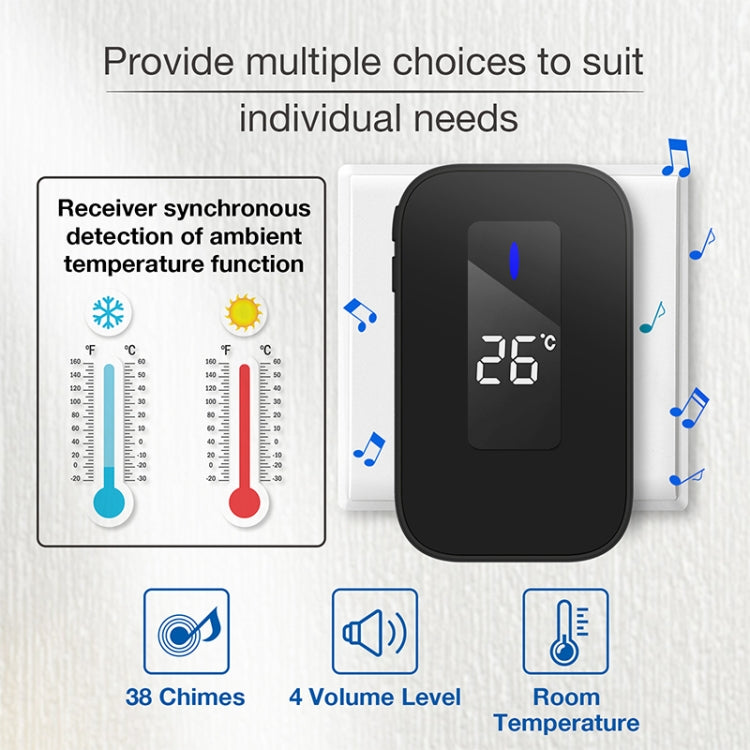 C303B One to Two Home Wireless Doorbell Temperature Digital Display Remote Control Elderly Pager, US Plug, UK Plug, EU Plug
