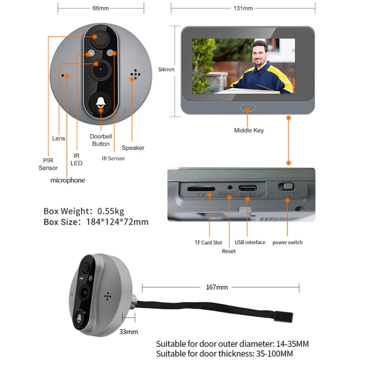 ESCAM C87 1080P 4.3 inch Smart WiFi Digital Door Viewer Supports Wide-Angle PIR & Night Vision & Dingdong Photo, C87