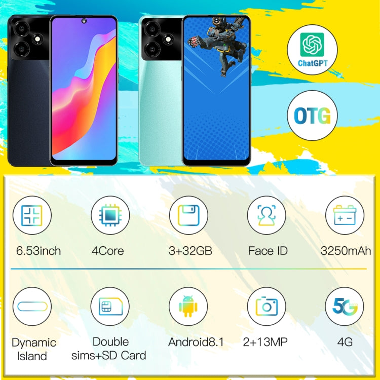 M6Pro / U30, 6.53 inch Screen, Face Identification, Android 8.1 MTK6737 Quad Core, Network: 4G, OTG, Dual SIM, 3GB+32GB