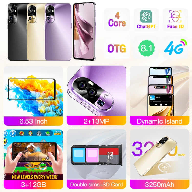 Reno10Pro+ / U22, 6.53 inch Screen, Face Identification, Android 8.1 MTK6737 Quad Core, Network: 4G, OTG, Dual SIM, 3GB+32GB