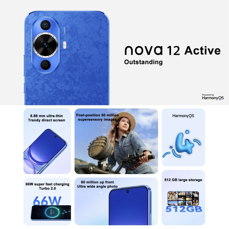 Huawei nova 12 Active, Screen Fingerprint Identification, 6.7 inch HarmonyOS 4.0 Qualcomm Snapdragon 778G 4G Octa Core, Network: 4G, NFC, OTG, Not Support Google Play, 8GB+256GB, 8GB+512GB