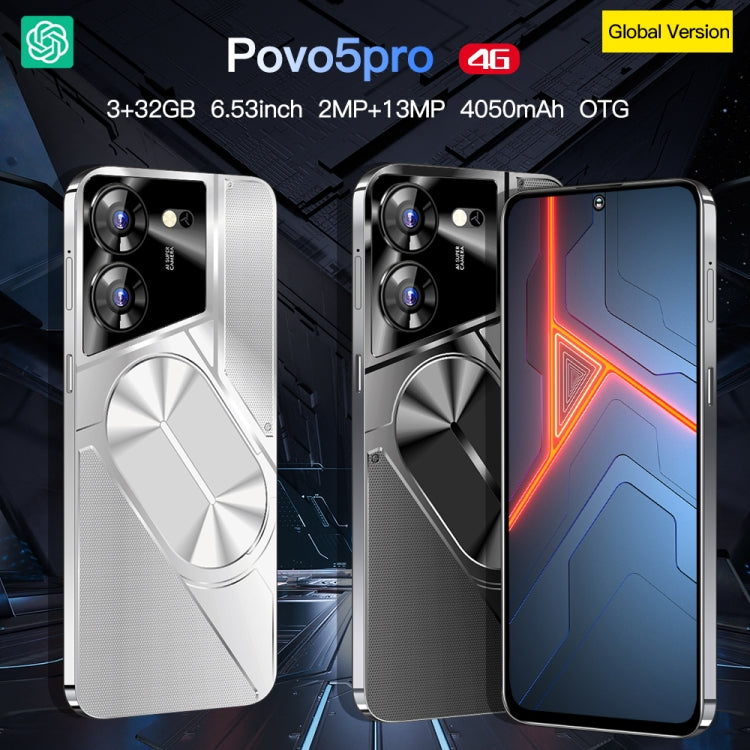 Povo5pro / PU31, 6.53 inch Face Identification Android 8.1 MTK6753 Octa Core, Network: 4G, AI GPT4, Dual SIM, 3GB+32GB