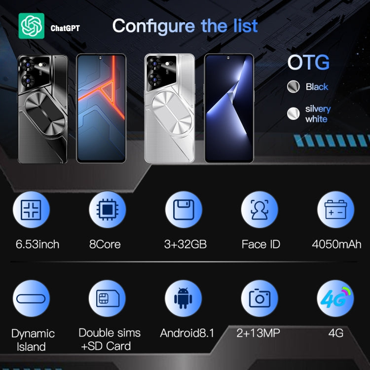 Povo5pro / PU31, 6.53 inch Face Identification Android 8.1 MTK6753 Octa Core, Network: 4G, AI GPT4, Dual SIM, 3GB+32GB