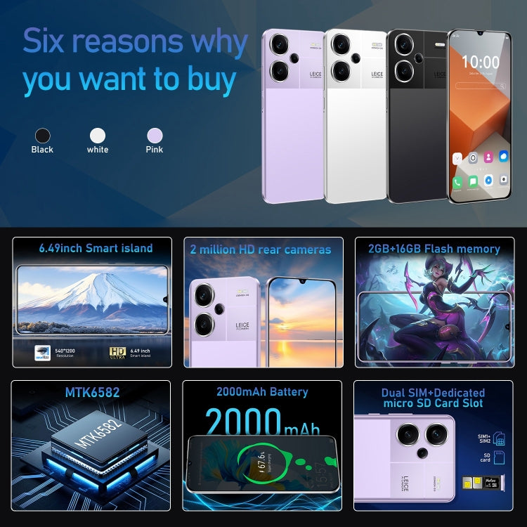 Note13 Pro+ / RF7, 6.49 inch Face Identification Android 5.0 MTK6582 Quad Core, Network: 3G, Dual SIM, 2GB+16GB