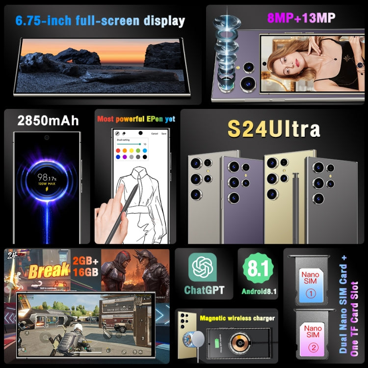 S24 Ultra / L26, 6.75 inch Screen, Face Identification, Android 8.1 MTK6580P Quad Core, Network: 3G, Dual SIM, L26 2GB+16GB