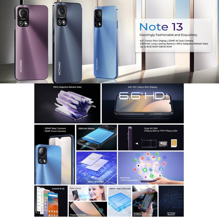 HOTWAV Note 13, Side Fingerprint Identification, 6.6 inch Android 13 T606 Octa Core up to 1.6GHz, Network: 4G, NFC, OTG, 4GB+128GB