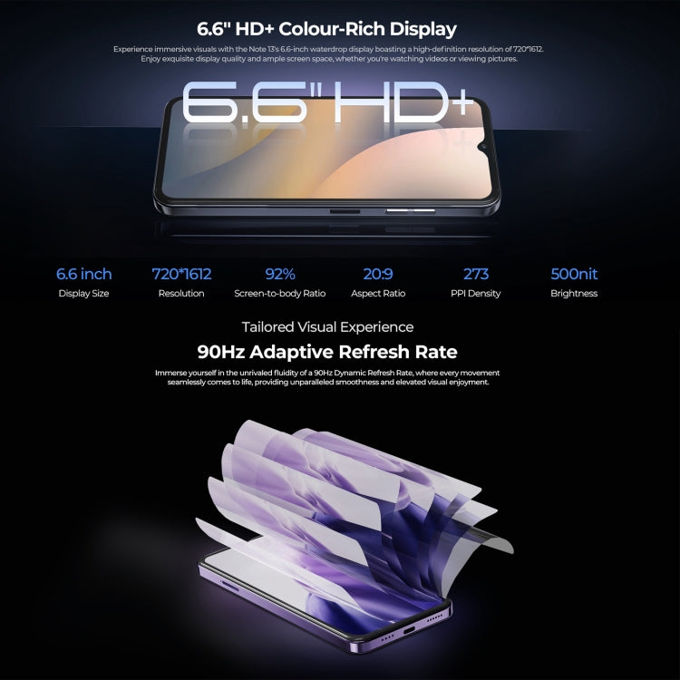 HOTWAV Note 13, Side Fingerprint Identification, 6.6 inch Android 13 T606 Octa Core up to 1.6GHz, Network: 4G, NFC, OTG, 4GB+128GB
