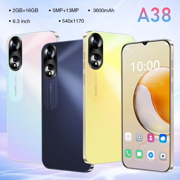 SDT81 / A38, 6.3 inch Screen, Face Identification, Android 10.0 MTK6737 Quad Core, Network: 4G, Dual SIM, 2GB+16GB