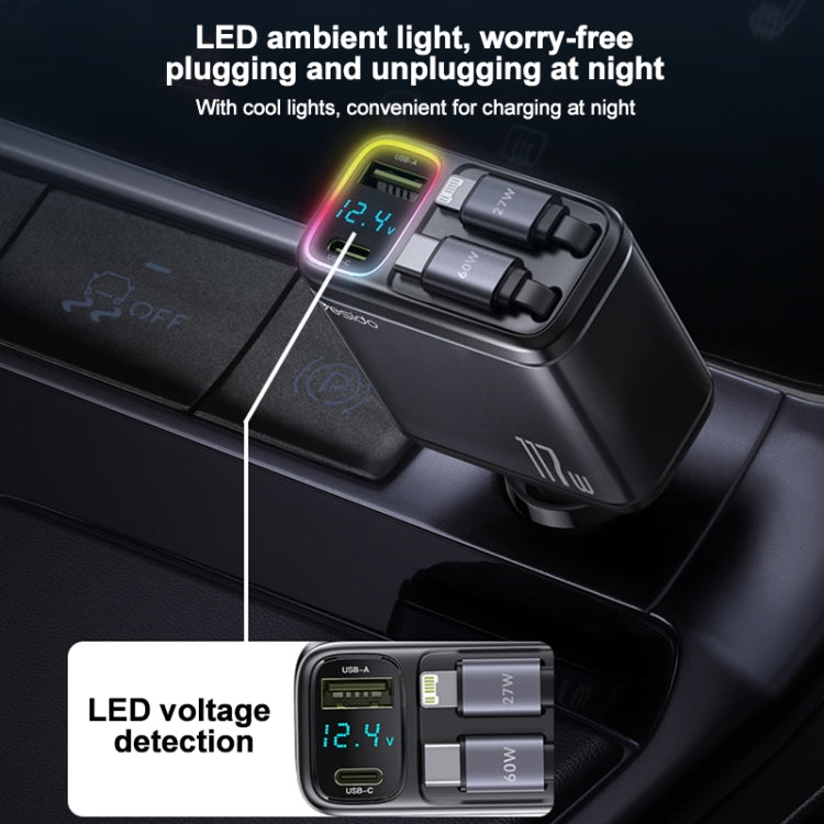 Yesido Y63 4 in 1 117W USB-C / Type-C+USB Multifunctional Retractable Dual Line Digital Display Car Fast Charger
