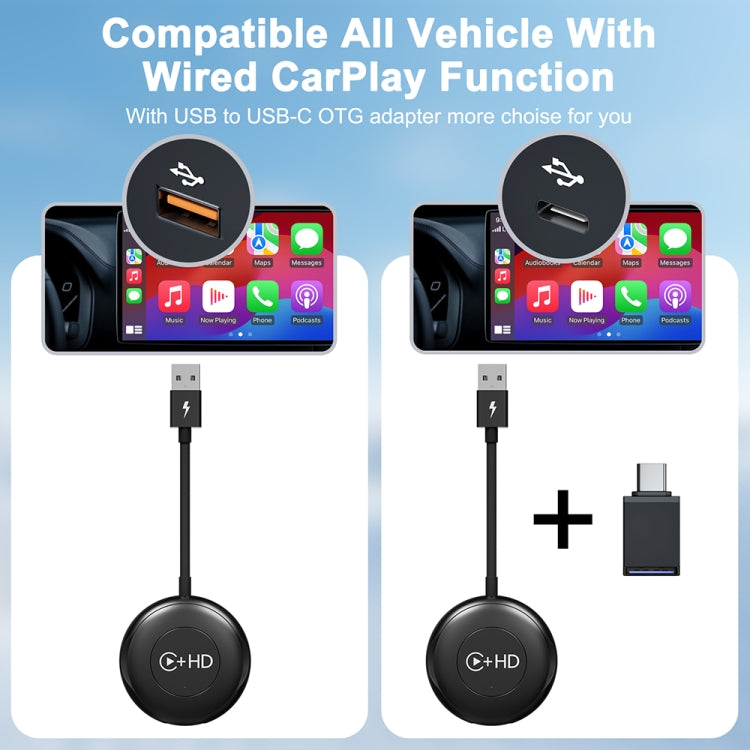 USB and HDMI Wired to Wireless CarPlay Auto Adapter, USB + HDMI Round