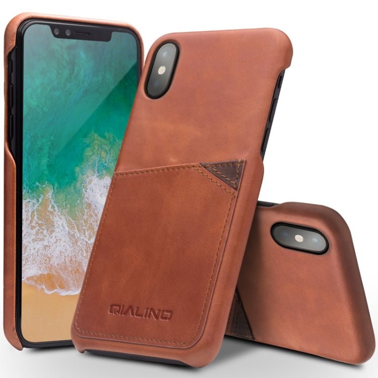 For iPhone X / XS QIALINO Shockproof Cowhide Leather Protective Case with Card Slot