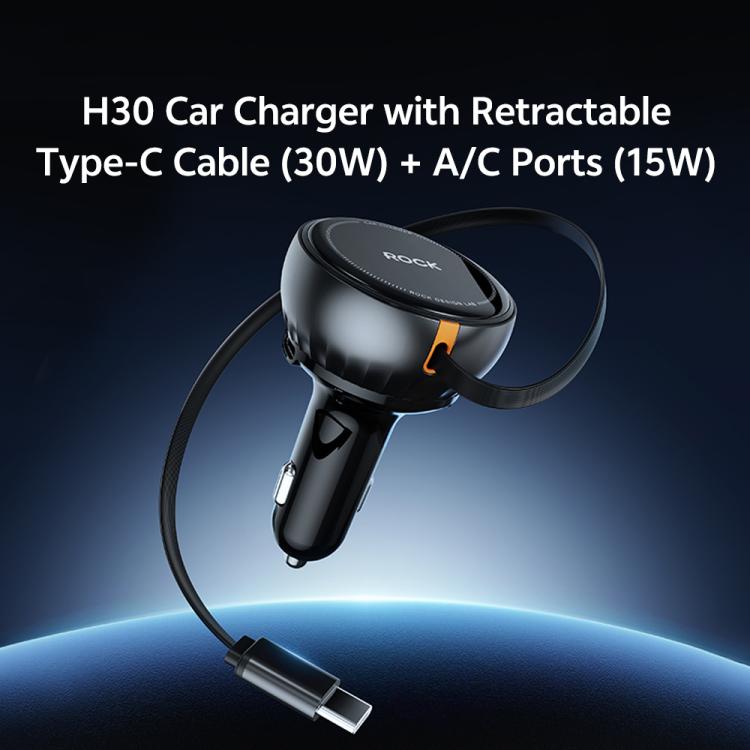 ROCK H30 45W USB-A Type-C Ports Car Charger with Retractable Type-C Cable, H30