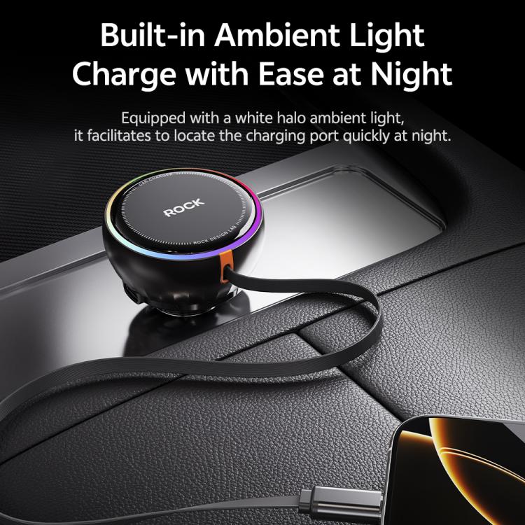 ROCK H30 45W USB-A Type-C Ports Car Charger with Retractable Type-C Cable, H30