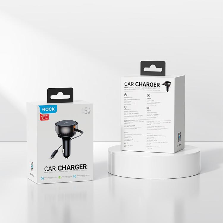 ROCK H30 45W USB-A Type-C Ports Car Charger with Retractable Type-C Cable, H30