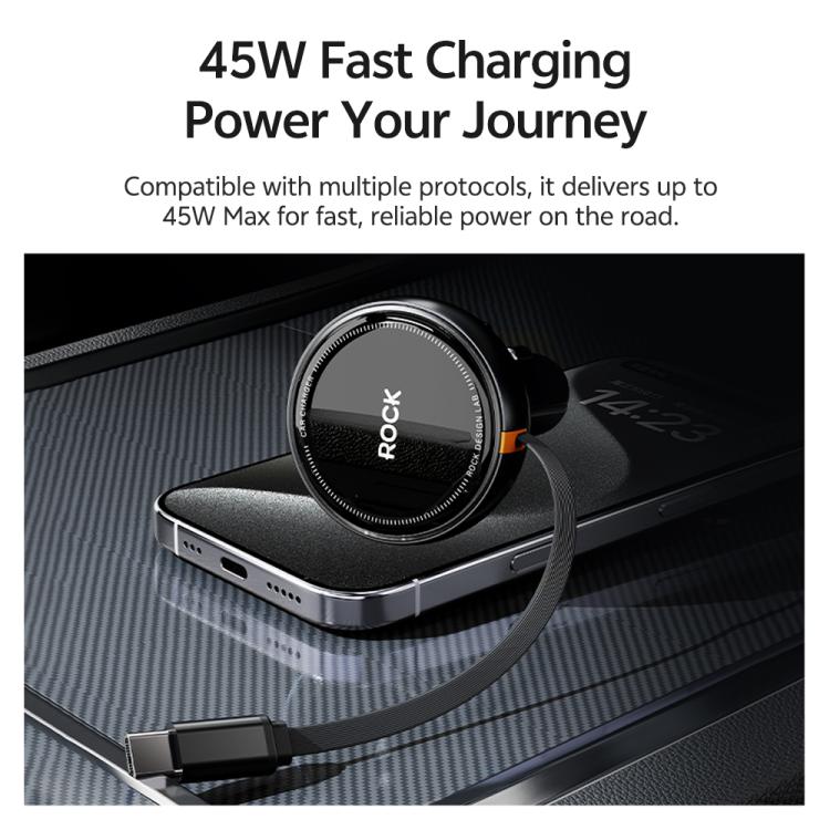 ROCK H30 45W USB-A Type-C Ports Car Charger with Retractable Type-C Cable, H30