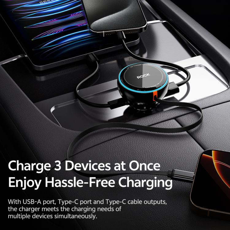 ROCK H30 45W USB-A Type-C Ports Car Charger with Retractable Type-C Cable, H30