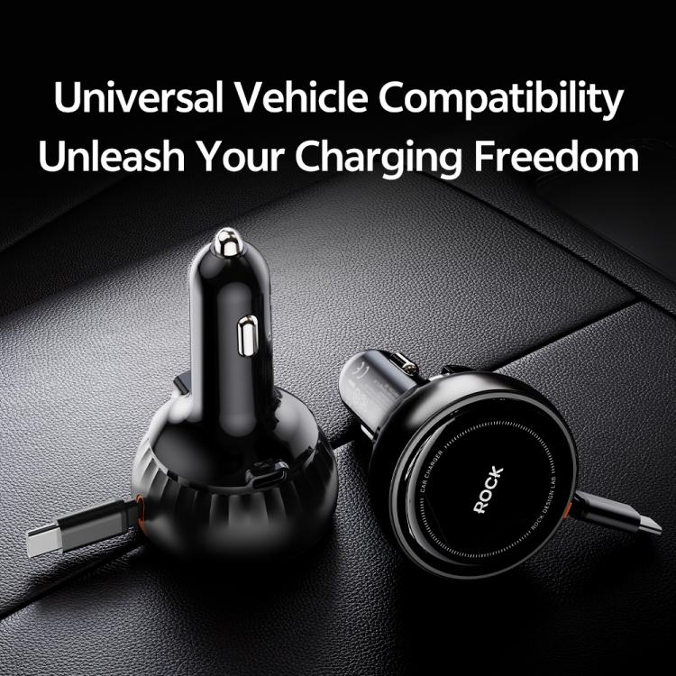 ROCK H30 45W USB-A Type-C Ports Car Charger with Retractable Type-C Cable, H30