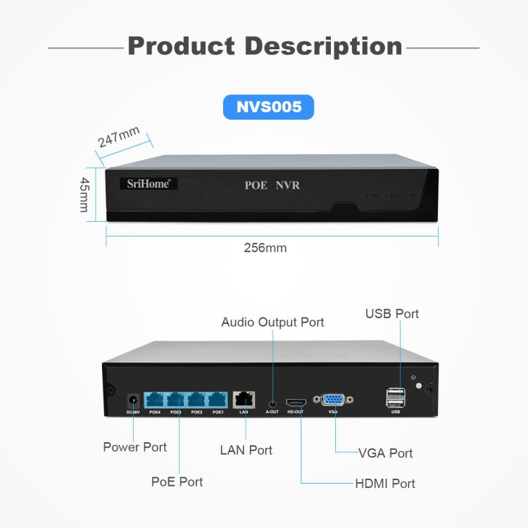 SriHome NVS005-PoE039 5MP 4CH HD PoE NVR Security Camera System Kit, NVS005-PoE039