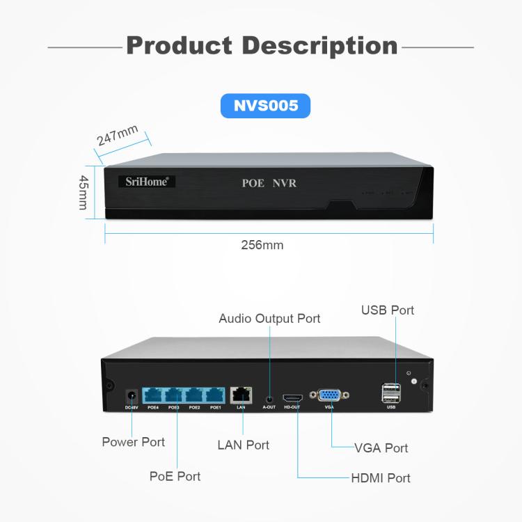 SriHome NVS005-PoE051 4MP 4CH HD PoE NVR Security Camera System Kit, NVS005-PoE051