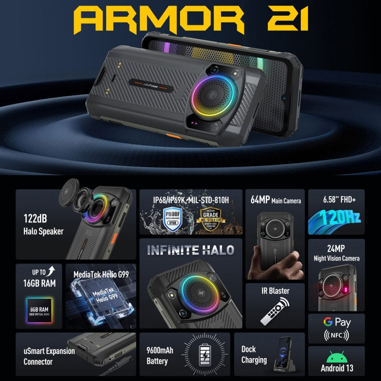 Dual Back Cameras, IP68/IP69K Waterproof Dustproof Shockproof, Face ID & Fingerprint Identification, 6.58 inch Android 13 MediaTek Helio G99 Octa Core up to 2.2GHz, Network: 4G, OTG, NFC, Global Version with Google Play, Armor 21
