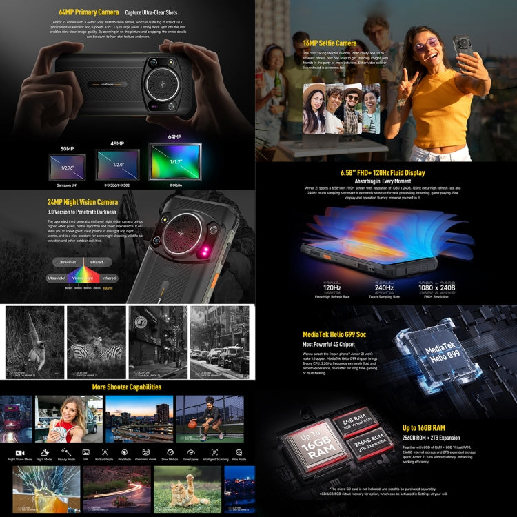 Dual Back Cameras, IP68/IP69K Waterproof Dustproof Shockproof, Face ID & Fingerprint Identification, 6.58 inch Android 13 MediaTek Helio G99 Octa Core up to 2.2GHz, Network: 4G, OTG, NFC, Global Version with Google Play, Armor 21
