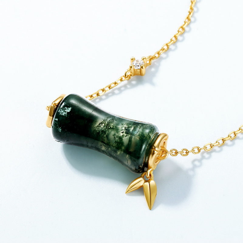 Natural Green Moss Stone Bamboo Necklace