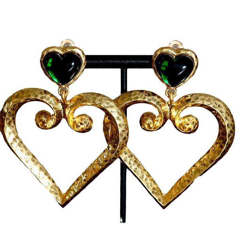 Bottle Green Heart Vintage High-grade Niche Ear Clips Earrings