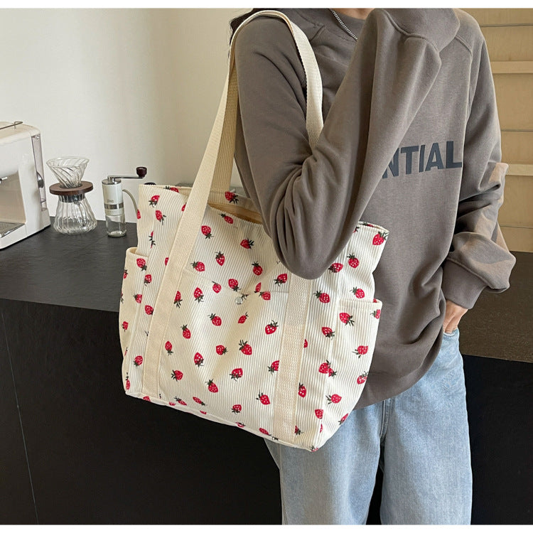 Strawberries Corduroy Handbag Sweet Women's Bag Fashionable Versatile Shoulder Bag Beautiful Simple Commuter Women's Tote Bags