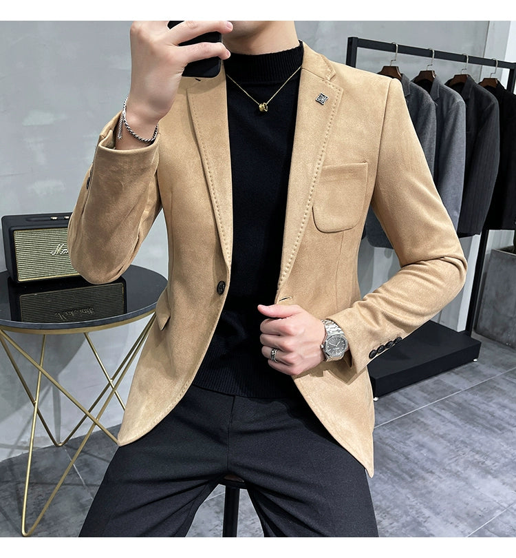 Men's Deerskin Fleece Jacket Suit Coat Blazer Men's Business Leisure Slim Fit Brand Fashion High Quality Single Button Suit Coat