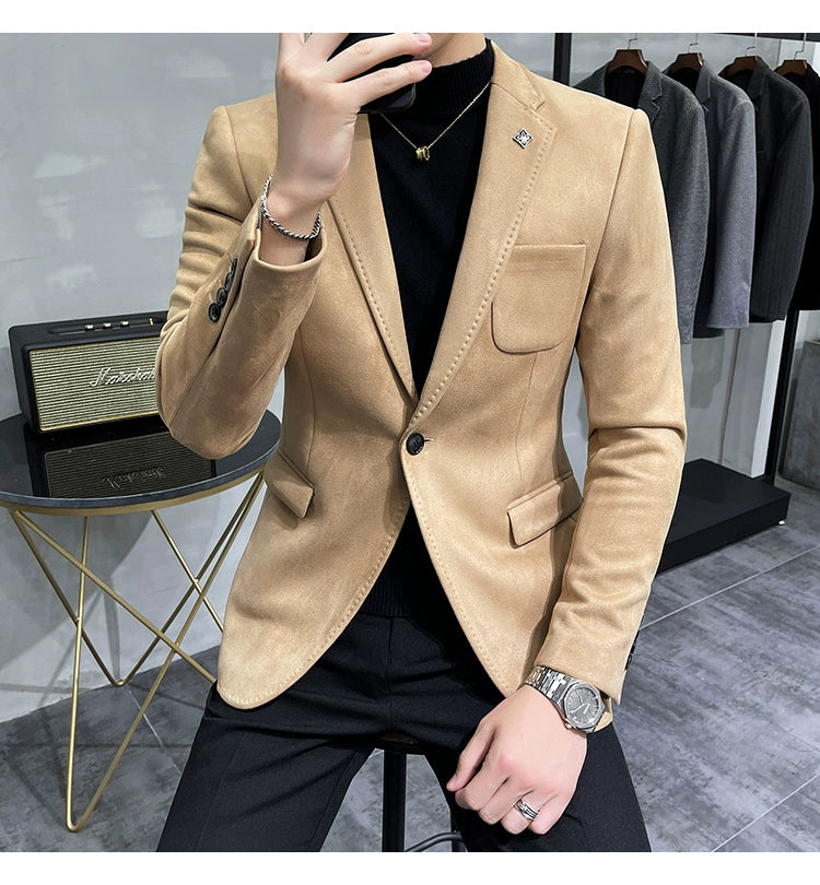 Men's Deerskin Fleece Jacket Suit Coat Blazer Men's Business Leisure Slim Fit Brand Fashion High Quality Single Button Suit Coat