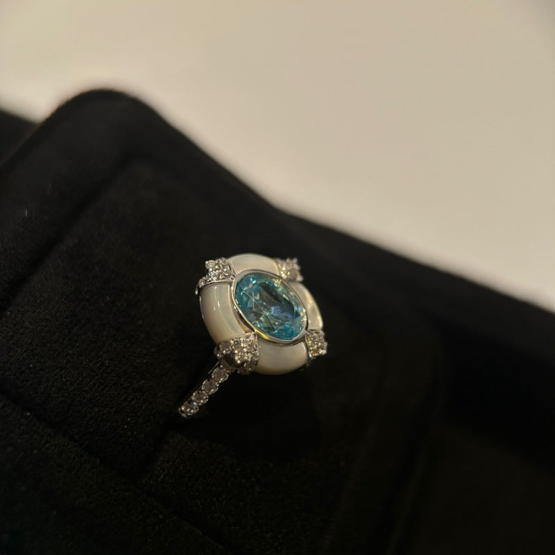 S925 Sterling Silver Aquamarine Oval White Shell Ring Artistic Retro
