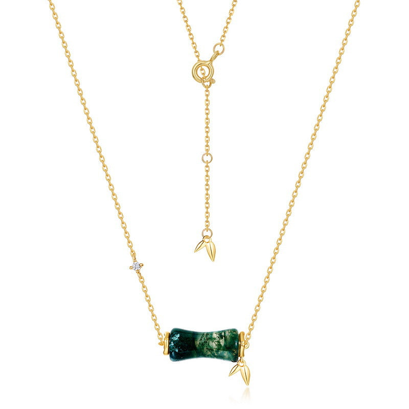 Natural Green Moss Stone Bamboo Necklace
