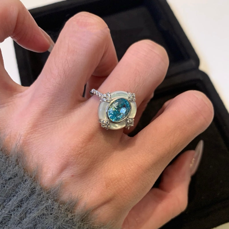 S925 Sterling Silver Aquamarine Oval White Shell Ring Artistic Retro