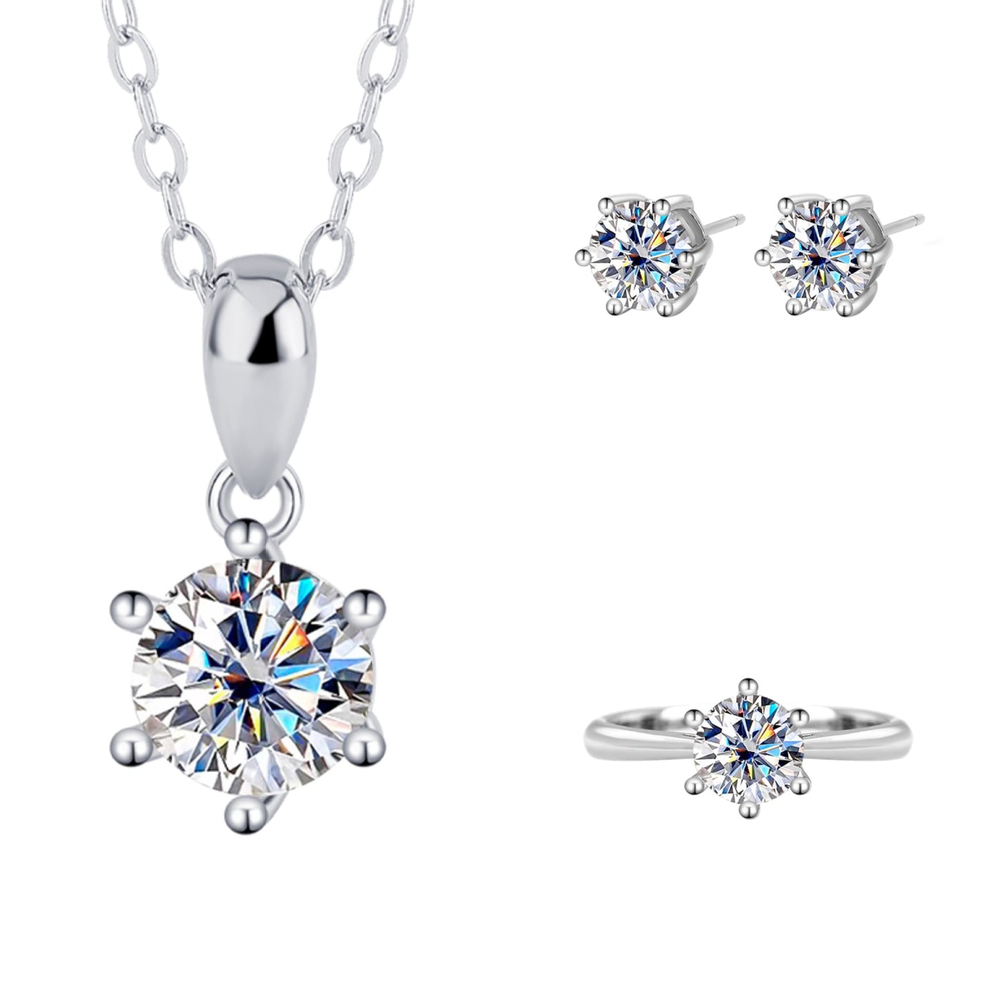 S925 Sterling Silver Moissanite Classic Six-claw Ring Necklace Female Stud Earrings