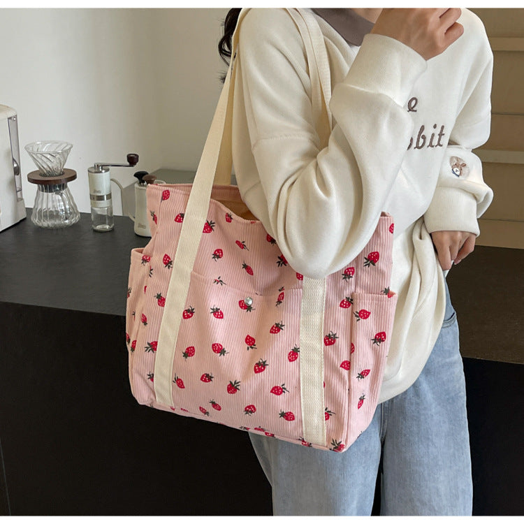 Strawberries Corduroy Handbag Sweet Women's Bag Fashionable Versatile Shoulder Bag Beautiful Simple Commuter Women's Tote Bags