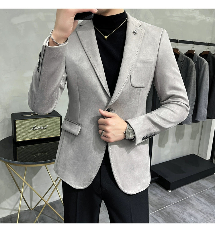 Men's Deerskin Fleece Jacket Suit Coat Blazer Men's Business Leisure Slim Fit Brand Fashion High Quality Single Button Suit Coat